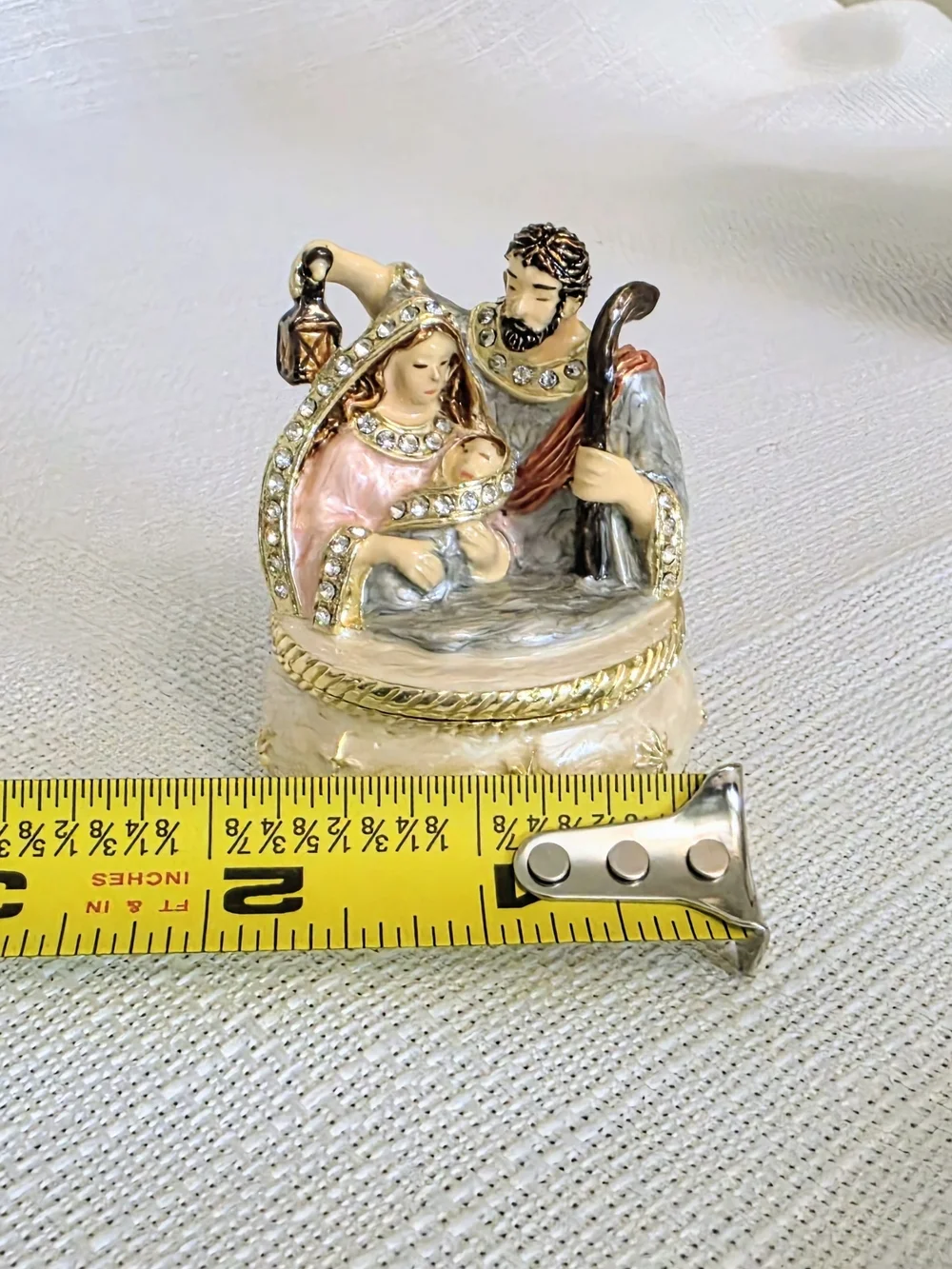 Nativity Hinged Trinket Box Enamel Rhinestones Holy Family Christmas 2.5x2 In